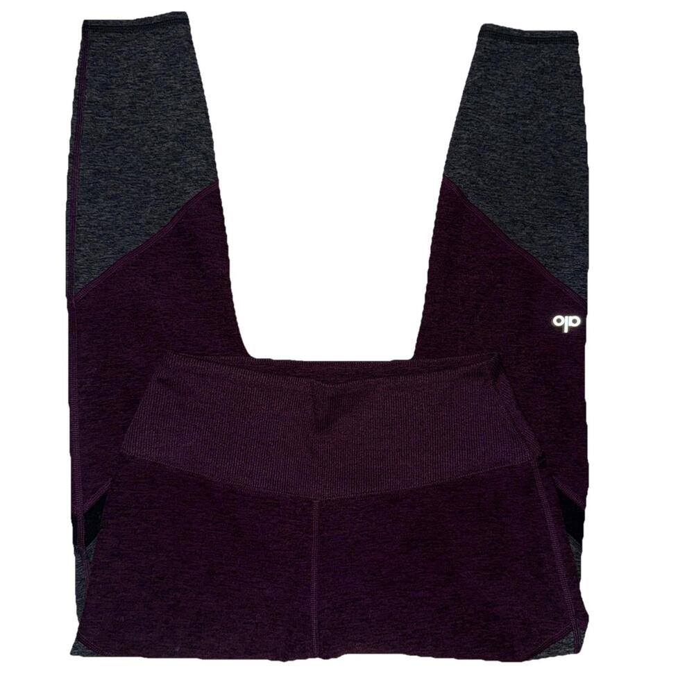 ALO Yoga Leggings Colorblock Striped Gray/maroon Women Medium Ribbed Waist Soft